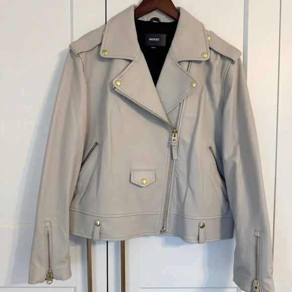 MACKAGE Women’s XXL Baya Jacket in White Lamb Leather Biker Moto CP25 - Picture 2 of 15